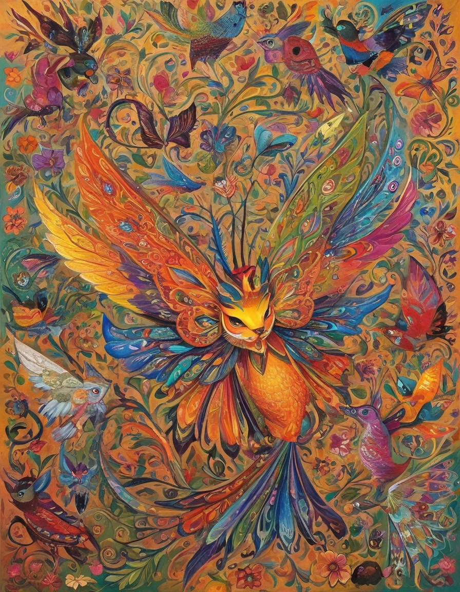 fantastic animals, mexican alebrijes, insect mix, flying birds and cats, all with an unreal style very typical of Tim Burton.