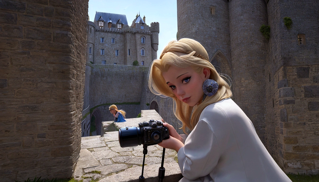 blonde woman taking a photo of a castle with a camera, with a castle in the background, sitting in a castle, walking in a castle, in a castle, with castle in the distance, standing near a castle, castle in the background, surrounding the city, powder Nándor Katona, castle in the background, gothic castle in the background