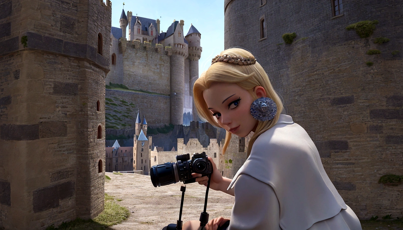 blonde woman taking a photo of a castle with a camera, with a castle in the background, sitting in a castle, walking in a castle, in a castle, with castle in the distance, standing near a castle, castle in the background, surrounding the city, powder Nándor Katona, castle in the background, gothic castle in the background