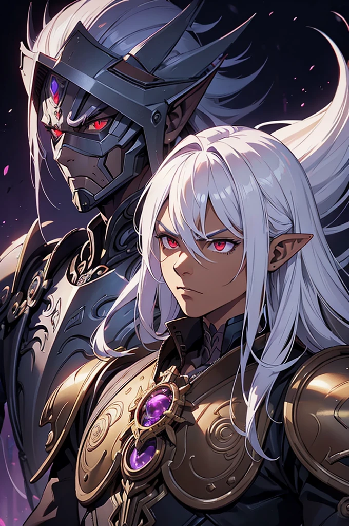((best quality)), ((masterpiece)), (detailed), ((boy)), ((mechanical armor)), (steampunk), (serious), dark skinned, human, upper body, portrait, red eyes, long white hair, Xemnas from Kingdom Hearts, half-drow, pointy ears, serious face, dramatic lighting, purple hue, art by Kinema Citrus
