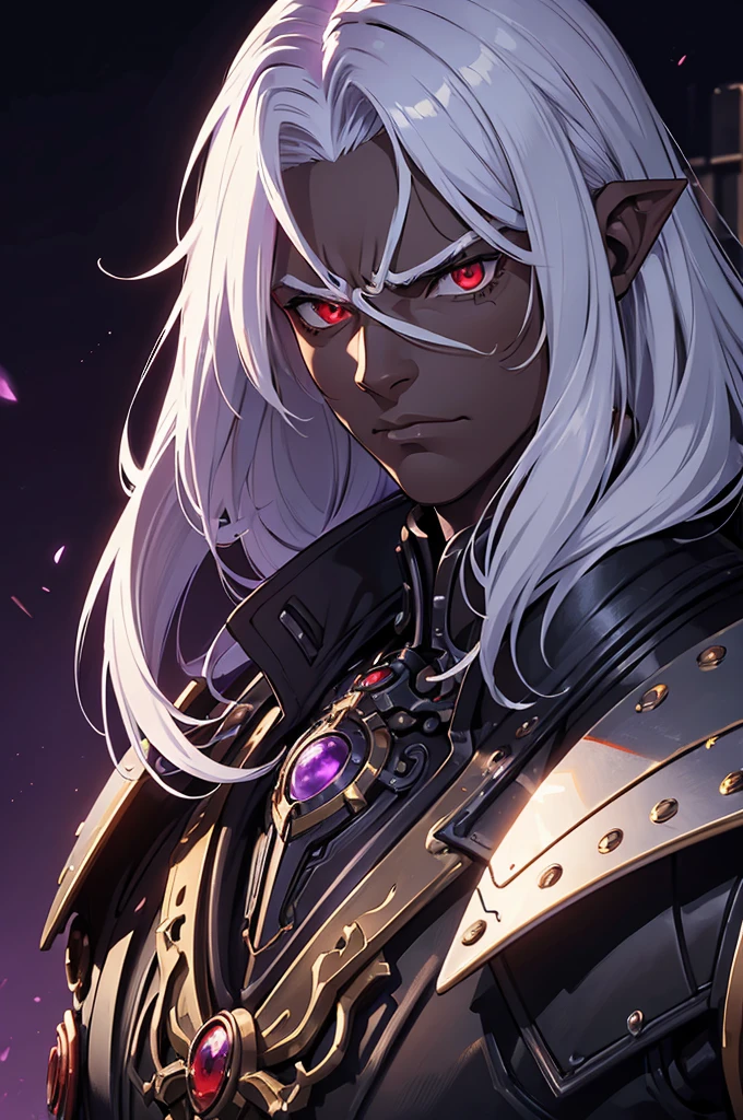 ((best quality)), ((masterpiece)), (detailed), ((boy)), ((mechanical armor)), (steampunk), (serious), dark skinned, human, upper body, portrait, red eyes, long white hair, Xemnas from Kingdom Hearts, half-drow, pointy ears, serious face, dramatic lighting, purple hue, art by Kinema Citrus
