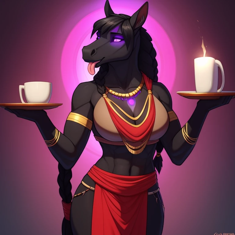 Athletic_horse female black_mane long_single_braid dark_gray_furry_body hypnotized with glowing purple eyes, tongue out, tribal clothes, yellow_tabard, tribal clothes, solo Masterpiece best_quality absurdres highly_detailed cleanly_drawn_eyes anthro_only by_claweddrip, by_greasymojo, by_underscore-b, by_runawaystride, carrying a tray with golden cups full body image
