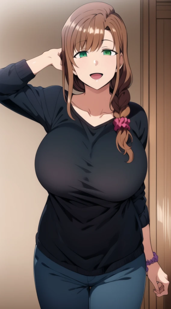 mature female,master piece, cowboy shot, 1girl, slong hair, looking at viewer, smile, :d, open mouth, large breasts, brown hair, black shirt, long sleeve, loose shirt, hair ornament, green eyes, collarbone, braid, blue pants, (((black SWEATER))), single braid, scrunchie, hair over shoulder, hair scrunchie, wide hips