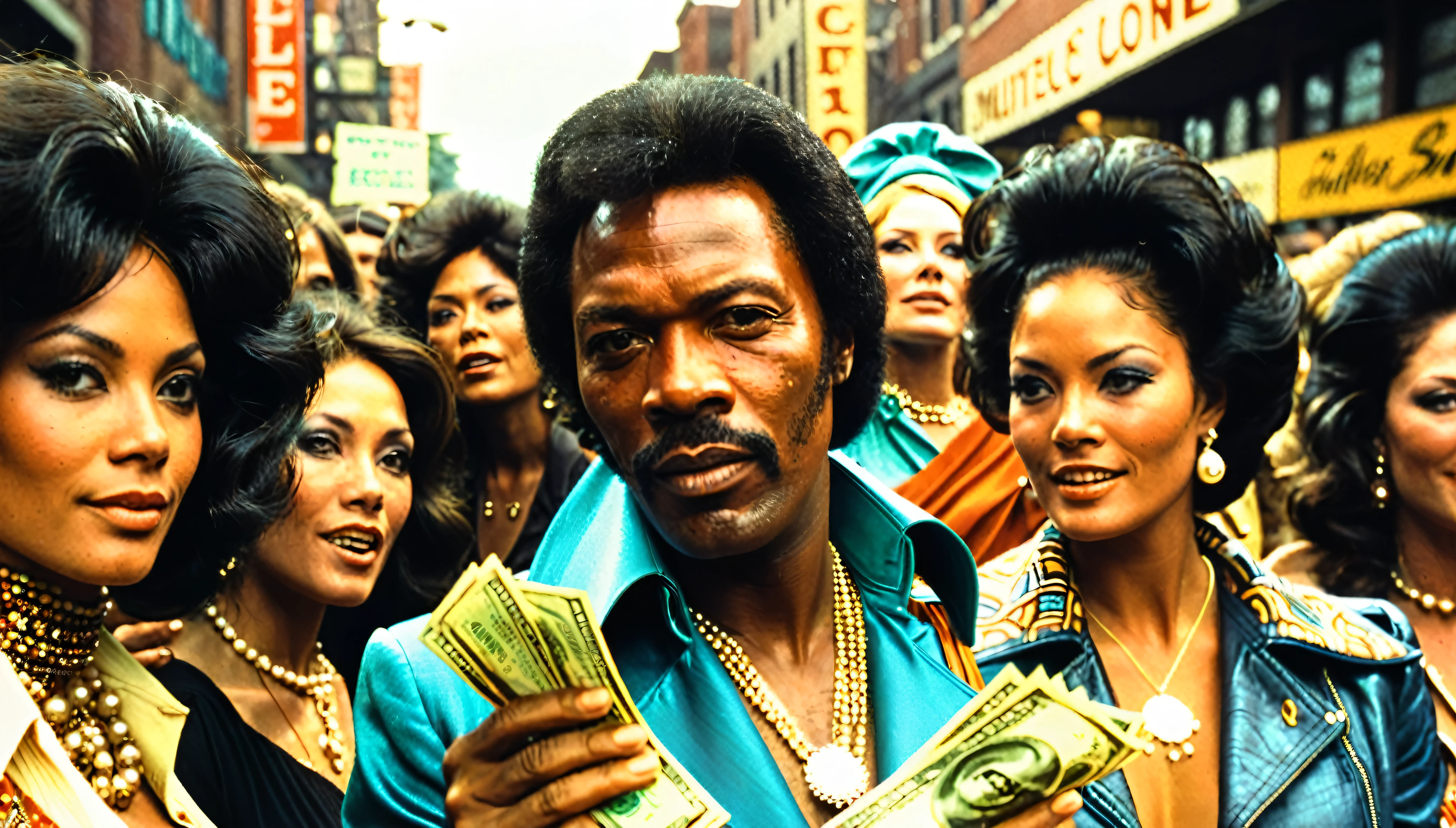 1970s photo of "Luther Diamond" wearing 1970s attire, he is surrounded by a crowd of beautiful multiracial women offering him cash, atmospheric perspective, textured skin, cinematic action, super detail,
