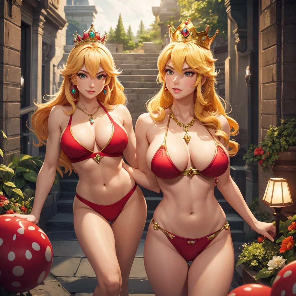 " highly detailed and vibrant illustration of Princess Peach from Super Mario Bros., reimagined with an adult, mature feel. She is supposed to be wearing a small gold crown adorned with intricate designs and a matching gold necklace with a crown-shaped pendant. Princess Peach must be dressed in a small red bikini, displaying a sexy and athletic physique and with a slightly bodybuilder fitness tone. The setting must be inspired by the Super Mario Bros universe, incorporating elements such as mushrooms, green dry sewer pipes and a whimsical background, yet sophisticated. a balance of elegance and allure, with a focus on detailed textures, lighting and shading to enhance realism and overall depth."