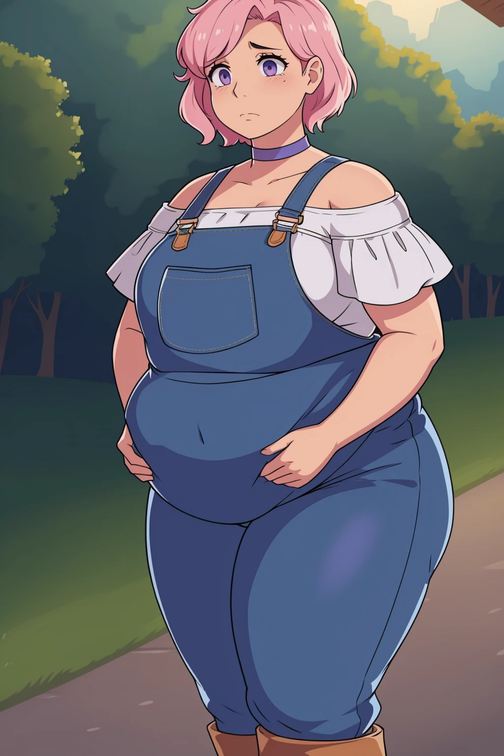 (Looking at viewer:1.0)Up close, Holding belly, hands on belly, outgrown clothes, (Sad:1.1), (Sad face:1.1)Pale skin, (Obese:1.1),fat, Slightly chubby, sad, farm backround, upper body, looking at viewer, 1girl, solo, short pink hair, (dark blue choker), (dark blue denim overalls), (purple eyes), (pink boots), (white shoulder lantern sleeve blouse, tucked in pants