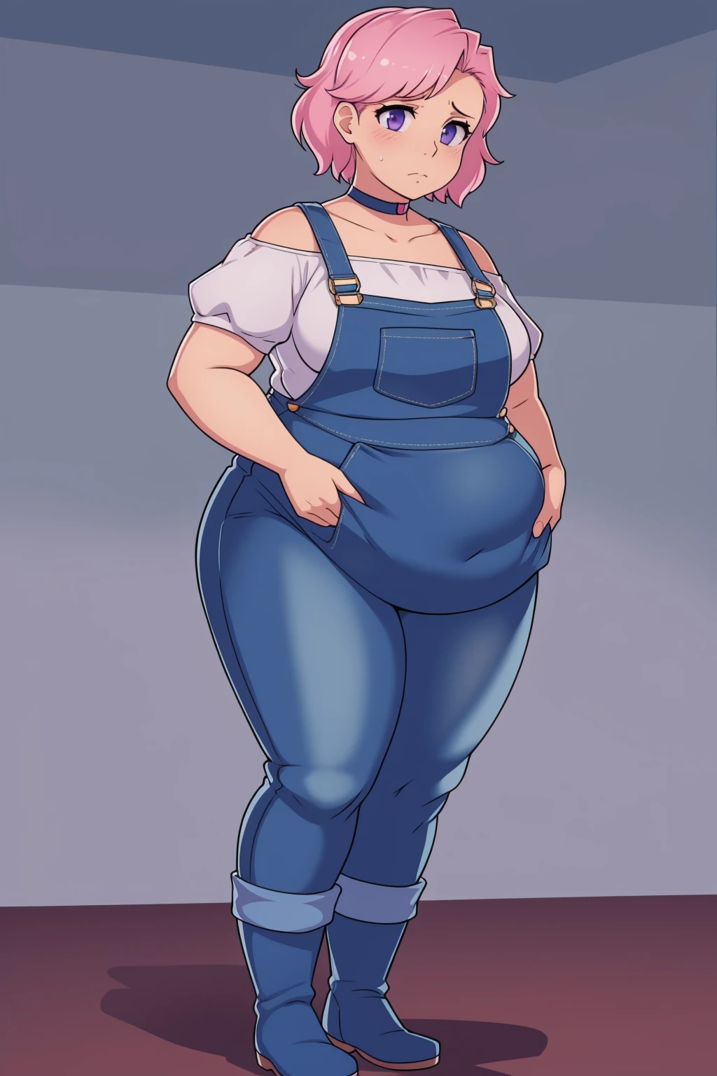 (Looking at viewer:1.0)Up close, Holding belly, hands on belly, outgrown clothes, (Sad:1.1), (Sad face:1.1)Pale skin, (Obese:1.1),fat, Slightly chubby, sad, farm backround, upper body, looking at viewer, 1girl, solo, short pink hair, (dark blue choker), (dark blue denim overalls), (purple eyes), (pink boots), (white shoulder lantern sleeve blouse, tucked in pants