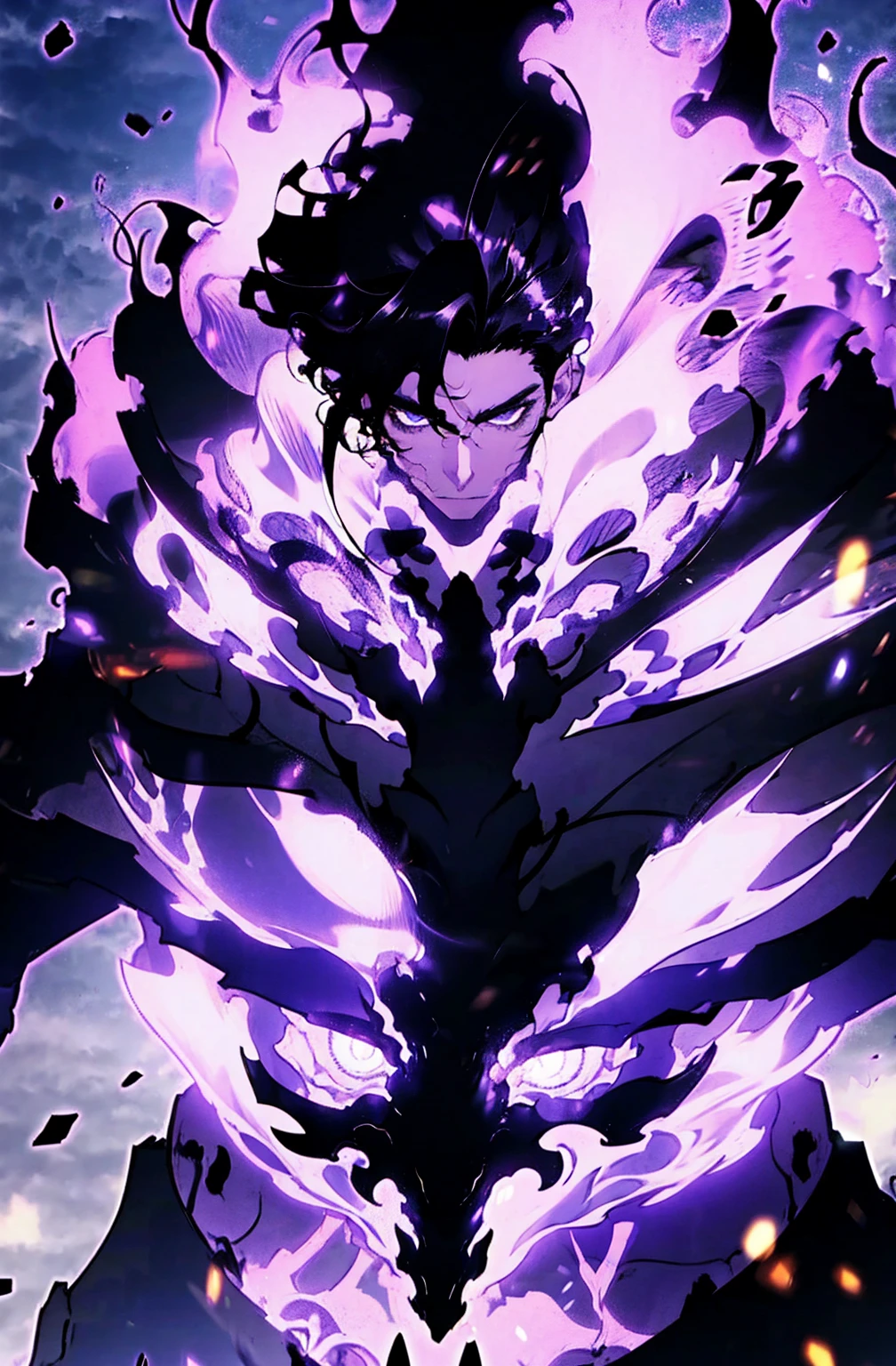 male with bones, looking away from camera, skulls, bones, handsome, black, dark skin, tall, broad shoulders, black hair, purple, purple fire, magic, detailed face, fantasy, hoodie