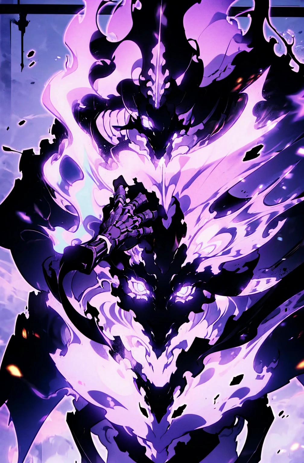 male with bones, looking away from camera, skulls, bones, handsome, black, dark skin, tall, broad shoulders, black hair, purple, purple fire, magic, detailed face, fantasy, hoodie