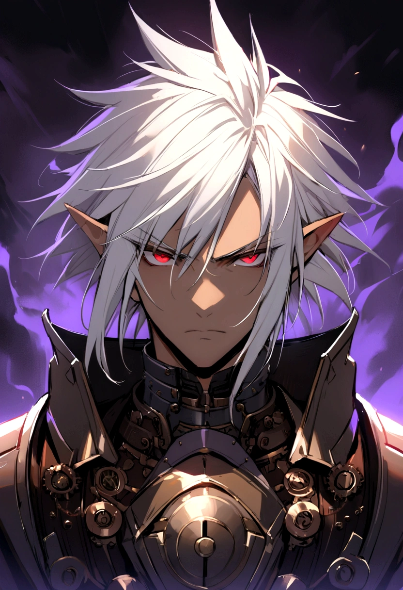 ((best quality)), ((masterpiece)), (detailed), ((boy)), ((mechanical armor)), (steampunk), (serious), dark skinned, human, upper body, portrait, red eyes, long white hair, Xemnas from Kingdom Hearts, half-drow, pointy ears, serious face, dramatic lighting, purple hue, art by Kinema Citrus