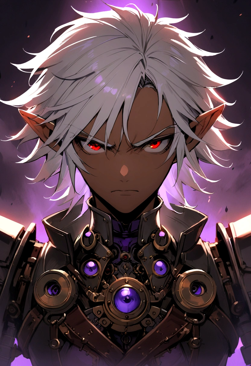 ((best quality)), ((masterpiece)), (detailed), ((boy)), ((mechanical armor)), (steampunk), (serious), dark skinned, human, upper body, portrait, red eyes, long white hair, Xemnas from Kingdom Hearts, half-drow, pointy ears, serious face, dramatic lighting, purple hue, art by Kinema Citrus
