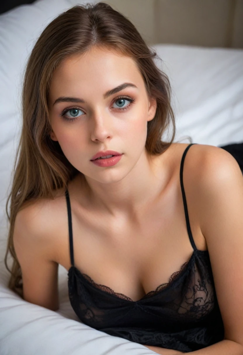 (Best quality, A high resolution, ultra detailed), HDR, (realistic, photographic, photo-realistic:1.37), portraits, Black nightgown, beautiful detailed eyes, beautiful detailed lips, (Thin, slim), (sexual:1.1), (young:1.1), 18 year old woman, one girl, Lying on the bed, with a realistic photo aesthetic