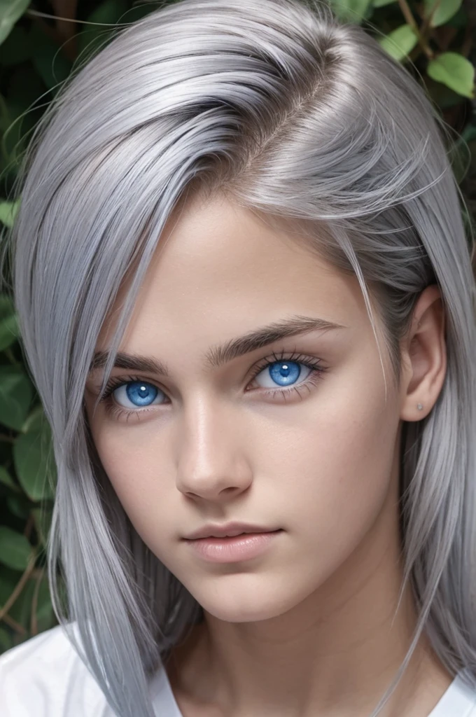 de ,cabelos negros cacheados,light blue eyes and gray eyes,white,serious gentle face