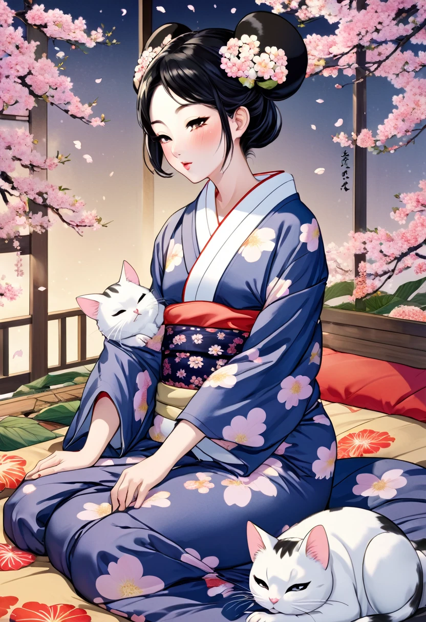 (utamaro style:1.2) , Hallucination, daydream , nightmare , Insane Dream , bokeh , erotica , romance , realistic mouse nymph and realistic cat , yukata , futon , Petals fluttering down , Single eyelids, round nose, swollen cheeks , glossy lips , Mount Fuji, Hawk, licking Eggplant , Collarbone , Disheveled Hair