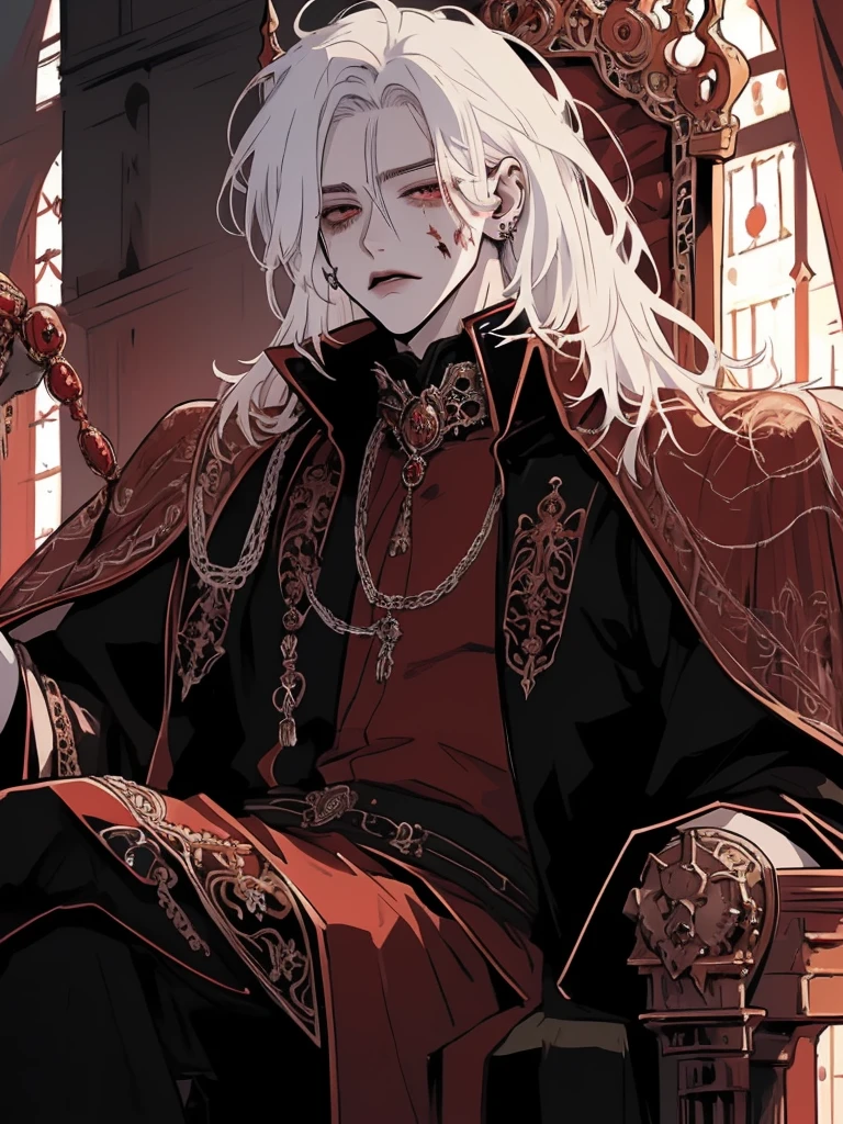 A majestic anime boy with striking white hair, piercing red eyes, and a distinct forehead scar, sitting regally on an ornate throne, adorned in a lavish royal dress, surrounded by a golden, medieval-inspired atmosphere.