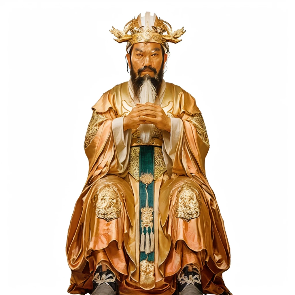 ancient chinese man with beard, emperor robe, holding a white arrow shape plate, dragon headdress, dragon patterns on robe