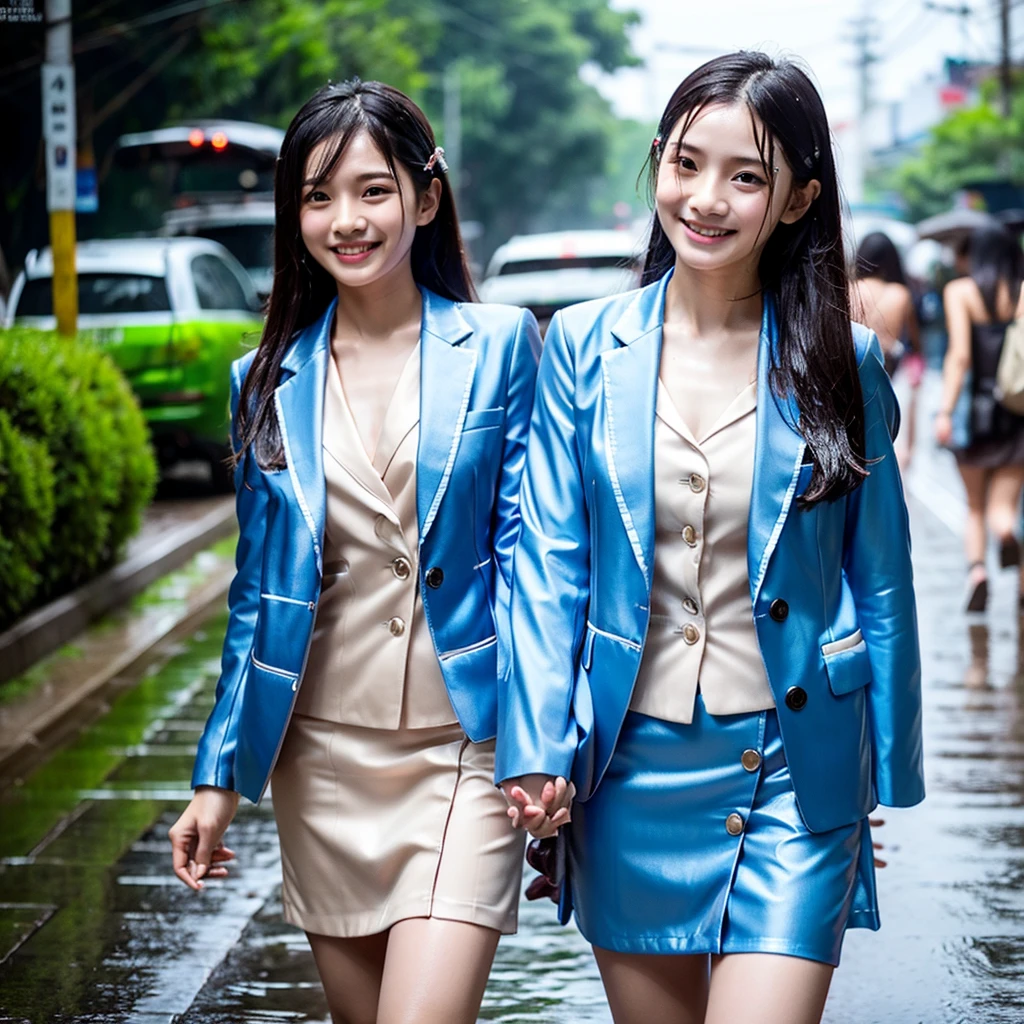 songkran,Wet roads , soaked through,drenched, Dripping, Wet Face,Wet clothes, Wet Skin, Wet Hair,A young woman with a cute face like an idol,chest,(((chestの谷間))),((business suit)),mini skirt,cling,RAW Photos,Genuine,Genuine,High resolution,RAW Photos,masterpiece, Genuineistic, beautiful