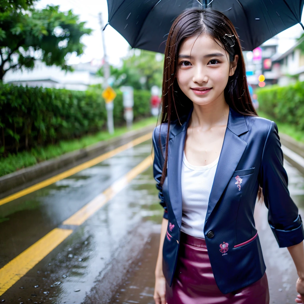 songkran,Wet roads , soaked through,drenched, Dripping, Wet Face,Wet clothes, Wet Skin, Wet Hair,A young woman with a cute face like an idol,chest,(((chestの谷間))),((business suit)),mini skirt,cling,RAW Photos,Genuine,Genuine,High resolution,RAW Photos,masterpiece, Genuineistic, beautiful