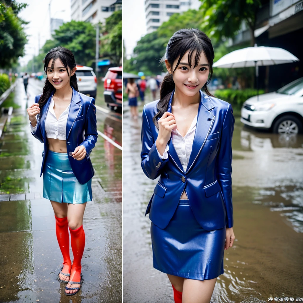 songkran,Wet roads , soaked through,drenched, Dripping, Wet Face,Wet clothes, Wet Skin, Wet Hair,A young woman with a cute face like an idol,chest,(((chestの谷間))),((business suit)),mini skirt,cling,RAW Photos,Genuine,Genuine,High resolution,RAW Photos,masterpiece, Genuineistic, beautiful