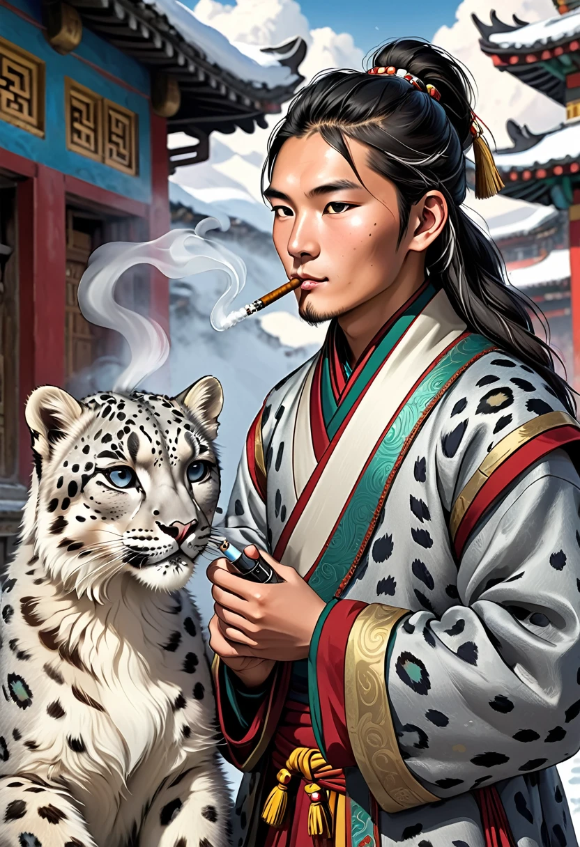 high quality, Rich in details, Tibetan young man,Pet Snow Leopard,Pet a pony that looks like Pearl,Young people smoking together,vape,Riger Five Generations,Background is