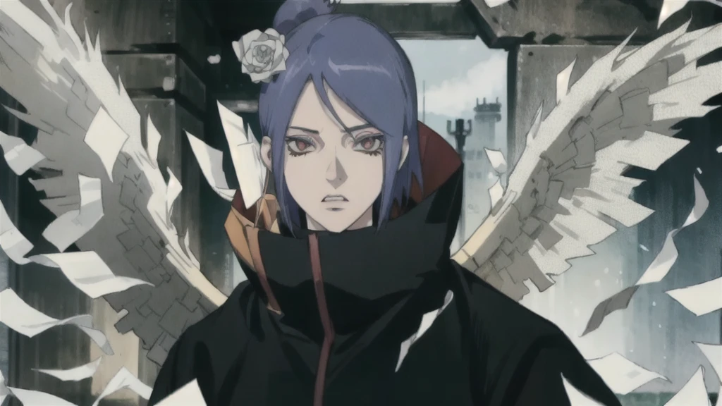 konan \(naruto\), solo, looking_at_viewer, 1girl, closed_mouth, paper wings, akatsuki outfit, paper jutsu, labret piercing, high quality eyes, close face