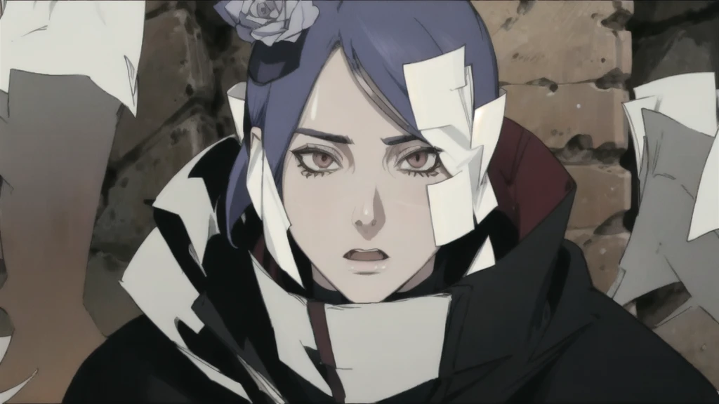 konan \(naruto\), solo, looking_at_viewer, 1girl, closed_mouth, paper wings, akatsuki outfit, paper jutsu, labret piercing, high quality eyes, close face