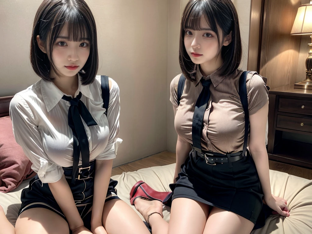 master piece, best quality, illustration, Super detailed, fine details, High resolution, 8K,wall paper, perfect dynamic composition,(Details High quality, realistic depiction of eyes:1.3),((2 girls)), (Fashionable, a belt black suspenders, Aside Cutter Shirt, a miniskirt, garterbelts), short bob hair, large breasts, black hair color, Big Natural Color Lip, (perfect body shape), Touching each other's bodies,Touching the body of the girl next door,crying a little、Harajuku style、20 year old girl、beautiful legs, hotel room, Gravure Idol, Voluptuous thighs, (woman on top, straddling, sitting)