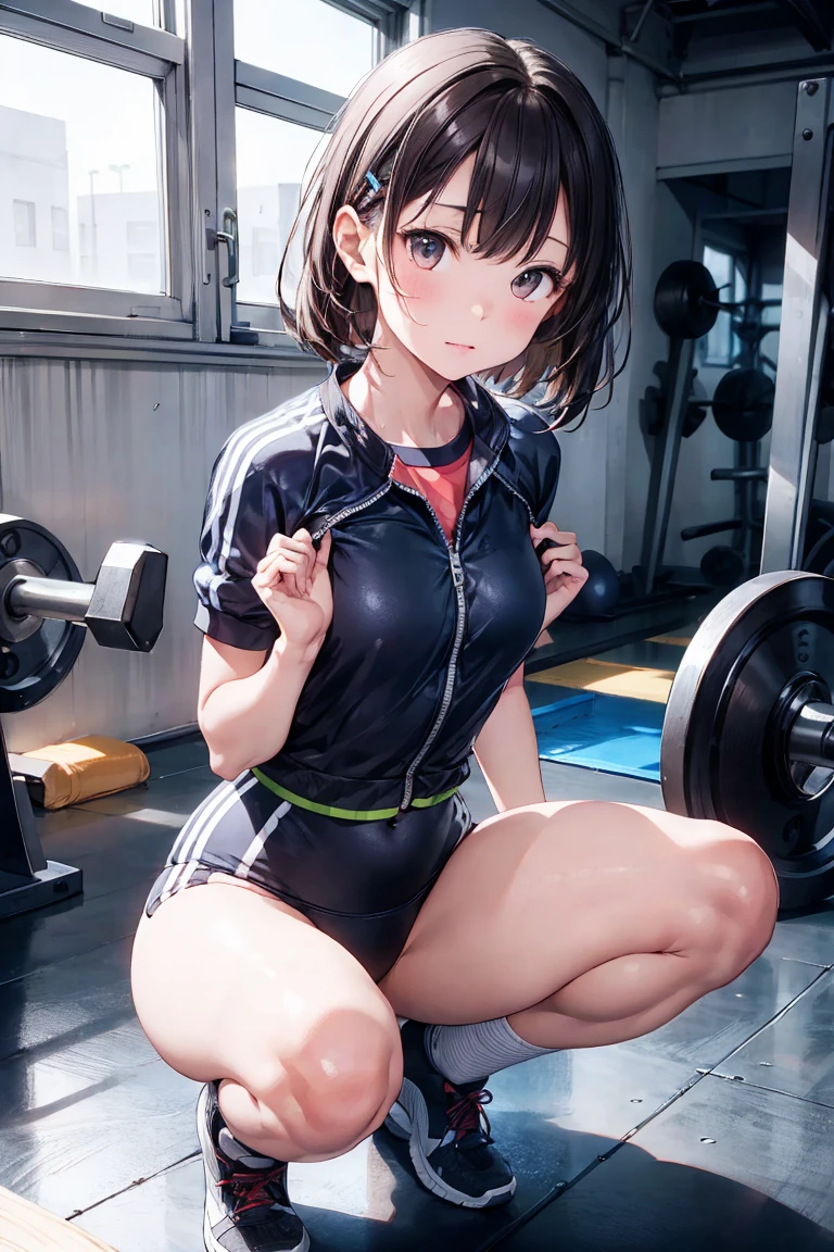 (Realistic, photo Realistic:1.2), ((highest quality)), Shift the center of gravity backwards, 1girl, hair clip, Thighs, View your viewers, Gym suit, , Bloomers, Adjust your shirt, (squat:1.2)