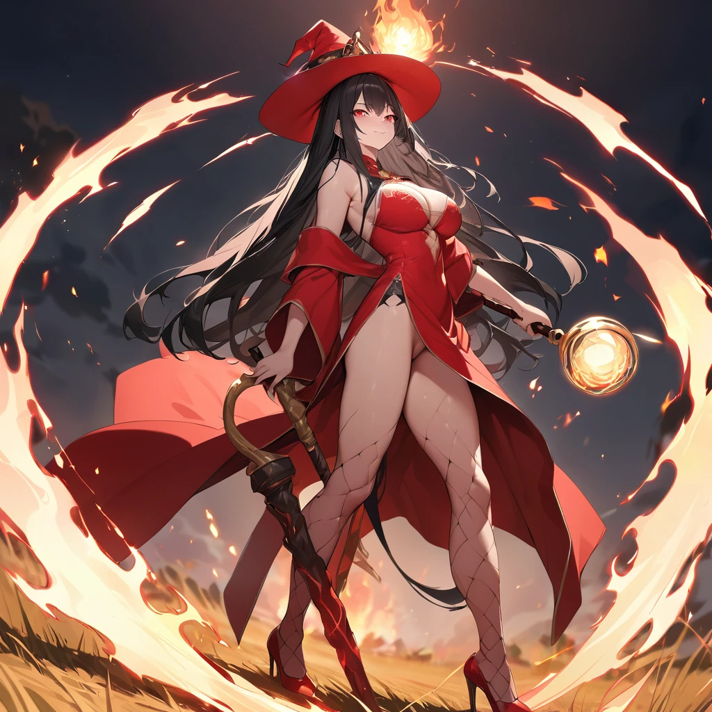 A woman wearing a traditional red witch's robe with gold details, large breasts, red heels, traditional red witch's hat with gold details, holding a staff with a yellow crystal with fire, black hair, long hair, hair down to her legs, in standing, posture, exposed shoulders, mature body, evil smile, in battle stance casting fire magic, with fire sphere in an open field, sadistic smile, smiling, red eyes, perfect face, UHD, prime work, accurate, anatomically correct, textured skin, super details, high quality, best quality, 8k, high resolution, bokeh effect. (woman alone)
