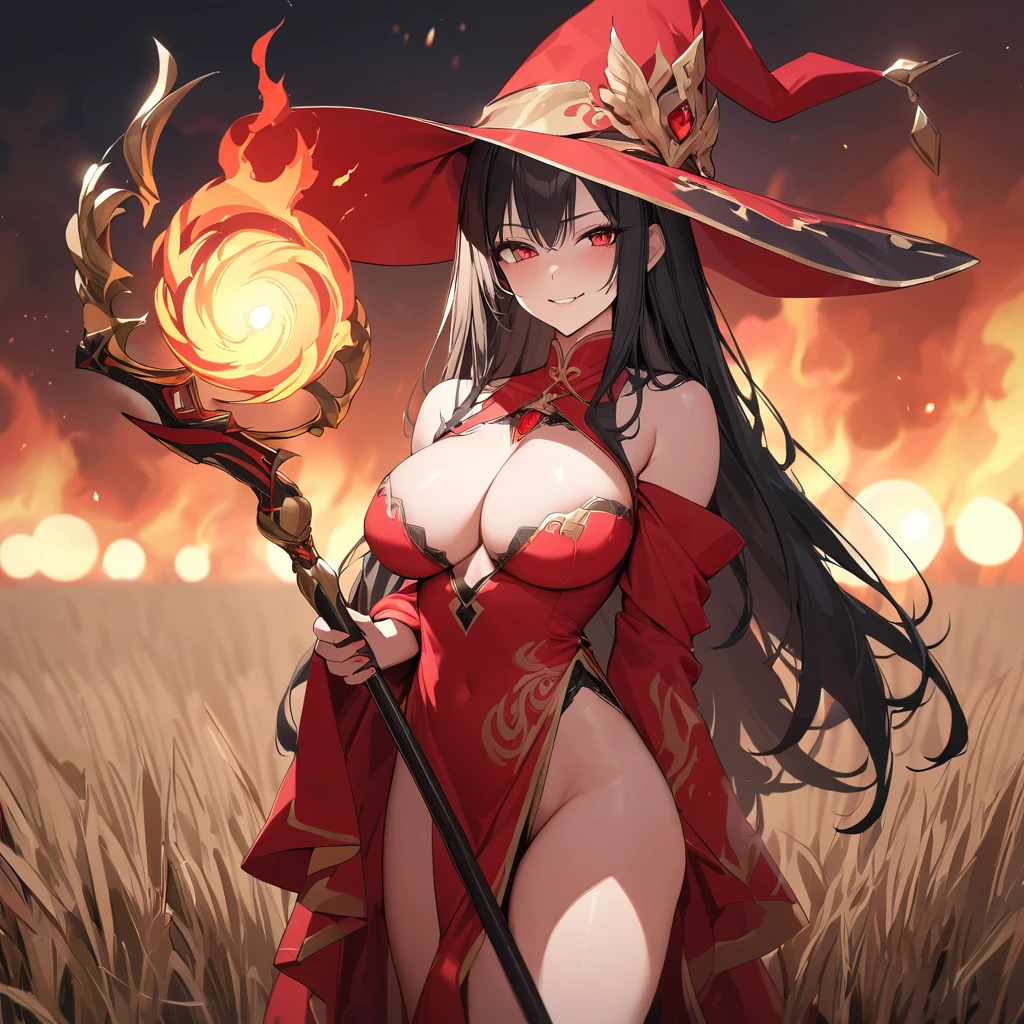 A woman wearing a traditional red witch's robe with gold details, large breasts, red heels, traditional red witch's hat with gold details, holding a staff with a yellow crystal with fire, black hair, long hair, hair down to her legs, in standing, posture, exposed shoulders, mature body, evil smile, in battle stance casting fire magic, with fire sphere in an open field, sadistic smile, smiling, red eyes, perfect face, UHD, prime work, accurate, anatomically correct, textured skin, super details, high quality, best quality, 8k, high resolution, bokeh effect. (woman alone)