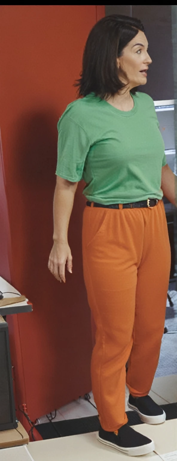 there is a woman standing in front of a computer screen, red shirt brown pants, wearing an orange t-shirt, wearing an orange t shirt, wearing pants and a t-shirt, middle shot waist up, wearing pants, wearing an orange jumpsuit, wearing orange prison jumpsuit, orange fluffy belly, vibrant but dreary orange, hand on hips, large pants