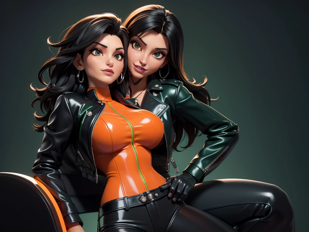 obra prima, melhor qualidade, ((gina gershon, black hair)) head back, sassy wicked, open mouth, big teeth smile, thick smoky black eye shadow, long fake eyelashes, sultry eyes, ((dark orange leather biker jacket,)) biker jacket has stiff collar, leather blouse, ((neon green pvc skinny pants,)) studs zippers snaps, shiny leather gloves, nip slip, body is skinny, laying down hugging each other on sofa, shiny tight buttocks, arched back, mashing breasts, (passionate kissing,) camera view of whole body, looking up at me, shallow depth of field, highres, HD, 8k, anatomically correct