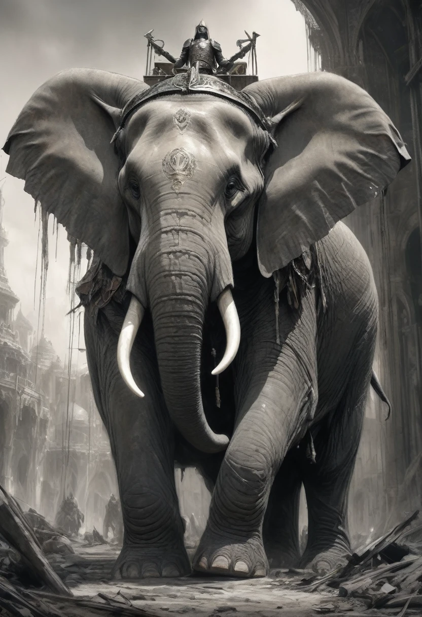 stunning black and white graphite sketch of giant 100 feet tall elephant-like creatures with twenty feet long tusks called Oliphaunts, wearing war paint and war armor regalia, panaramic shot, from The Lord Of The Rings trilogy, in dynamic pose, by Anna Razumovskay, (by Alyssa Monks:1.1), by Joseph Lorusso, by Lilia Alvarado, beautiful lighting, sharp focus, 8k, high res, (pores:0.1), (sweaty:0.8), Masterpiece, Nikon Z9, Award - winning photograph, --ar 16:9 --style raw --stylize 750 --niji 6, perfect composition, beautiful detailed intricate insanely detailed octane render trending on artstation, 8 k artistic photography, photorealistic concept art, soft natural volumetric cinematic perfect, wide angle view