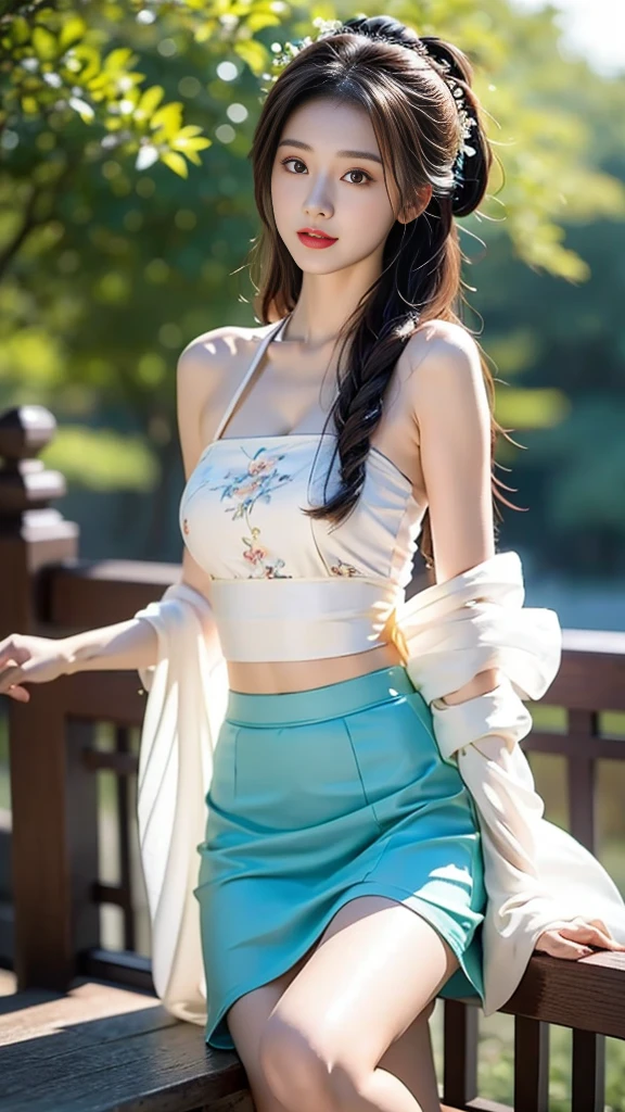 Hanfu-song, Hanfu, Song Theme, Drawstring, Tube Top, (masterpiece, best quality:1.2), 1 Girl, Solitary, ((Bare shoulders)), (Practical:1.37), ((Bare shoulders)), Random Scenes, Random shooting angle, Sweet Girl, beautiful妆容, Exquisite makeup, Extremely beautiful eyes, Long hair, curls, slim, Large Breasts, cleveage, Sexy slender legs, The skirt is very short, Leaking sexy legs, Elegant Posture, best quality, correct, correct的手, correct的腿, 解剖学correct, Official Art, complicated, detail的脸, detail, lifelike, Very detailed, Astonishing, beautiful, Young and energetic, Charming model, Detailed CG8k wallpaper