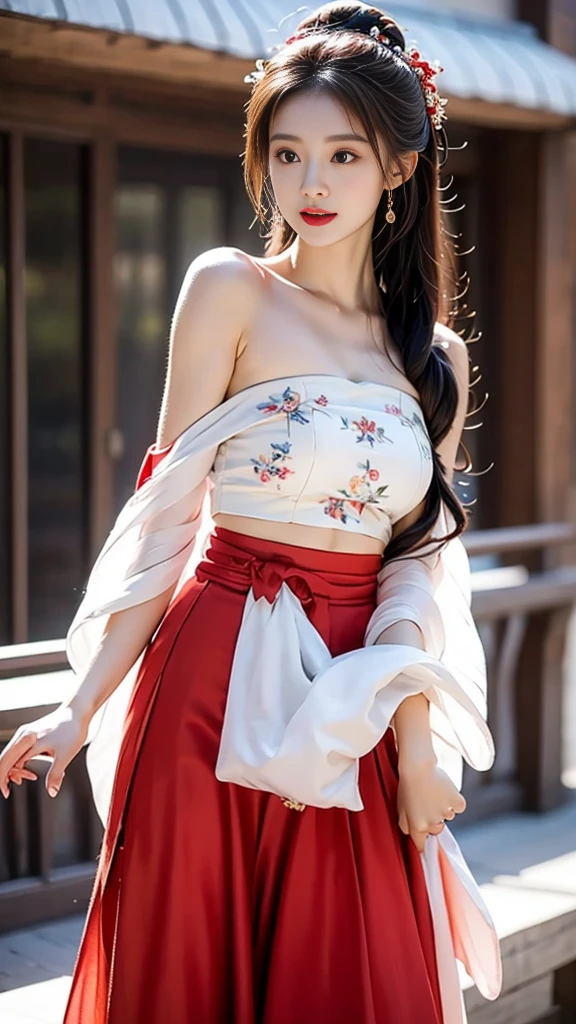 Hanfu-song, Hanfu, Song Theme, Drawstring, Tube Top, (masterpiece, best quality:1.2), 1 Girl, Solitary, ((Bare shoulders)), (Practical:1.37), ((Bare shoulders)), Random Scenes, Random shooting angle, Sweet Girl, beautiful妆容, Exquisite makeup, Extremely beautiful eyes, Long hair, curls, slim, Large Breasts, cleveage, Sexy slender legs, The skirt is very short, Leaking sexy legs, Elegant Posture, best quality, correct, correct的手, correct的腿, 解剖学correct, Official Art, complicated, detail的脸, detail, lifelike, Very detailed, Astonishing, beautiful, Young and energetic, Charming model, Detailed CG8k wallpaper