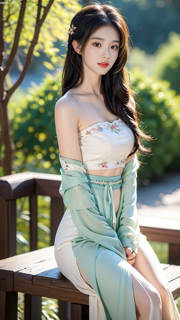 Hanfu-song, Hanfu, Song Theme, Drawstring, Tube Top, (masterpiece, best quality:1.2), 1 Girl, Solitary, ((Bare shoulders)), (Practical:1.37), ((Bare shoulders)), Random Scenes, Random shooting angle, Sweet Girl, beautiful妆容, Exquisite makeup, Extremely beautiful eyes, Long hair, curls, slim, Large Breasts, cleveage, Sexy slender legs, The skirt is very short, Leaking sexy legs, Elegant Posture, best quality, correct, correct的手, correct的腿, 解剖学correct, Official Art, complicated, detail的脸, detail, lifelike, Very detailed, Astonishing, beautiful, Young and energetic, Charming model, Detailed CG8k wallpaper