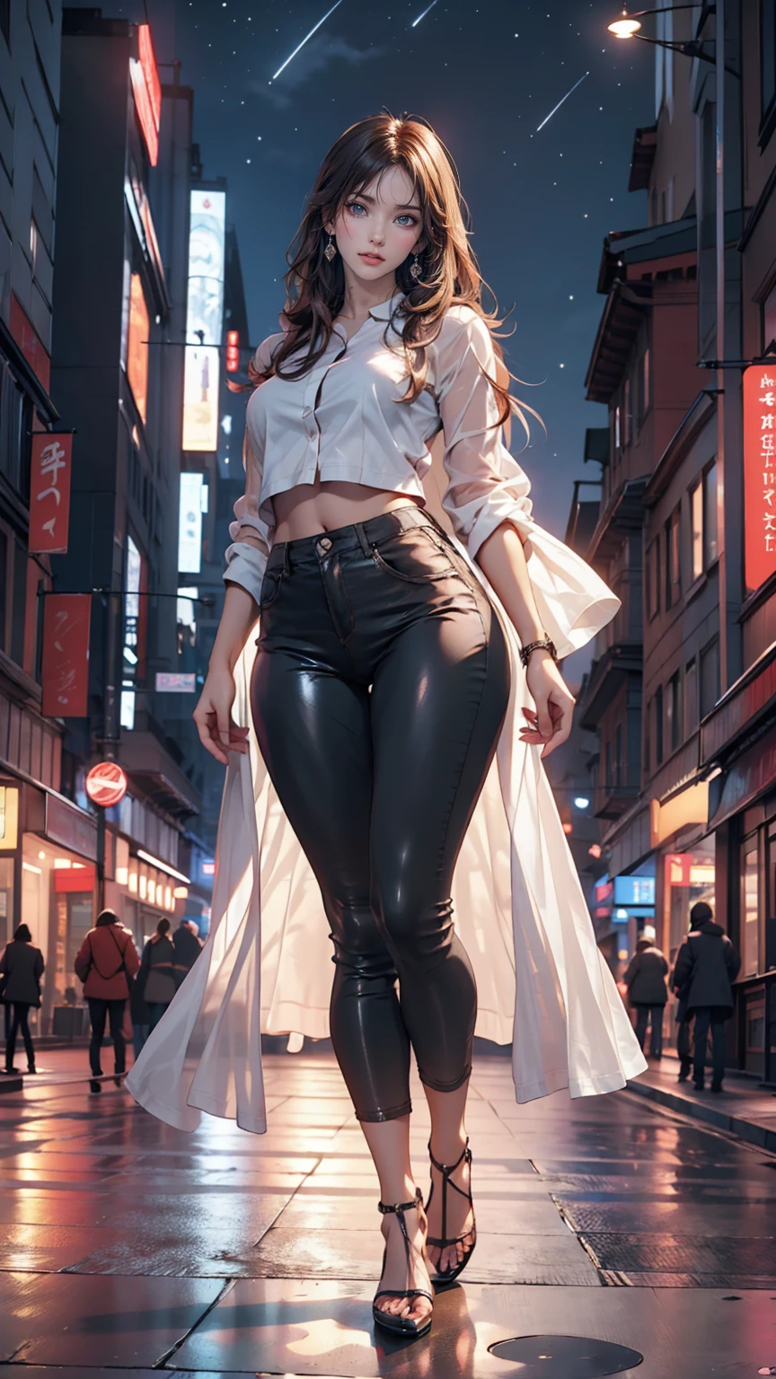 masterpiece, Beautiful urban female model, Full body white transparent clothing standing under the stars at night in the sky, Disappearing Transparent Pants, Full body standing, Tall figures, Thin legs, Facial details, Body parts details, 8k wallpaper、Sexy proportions、Sexy expression、Skyscraper background