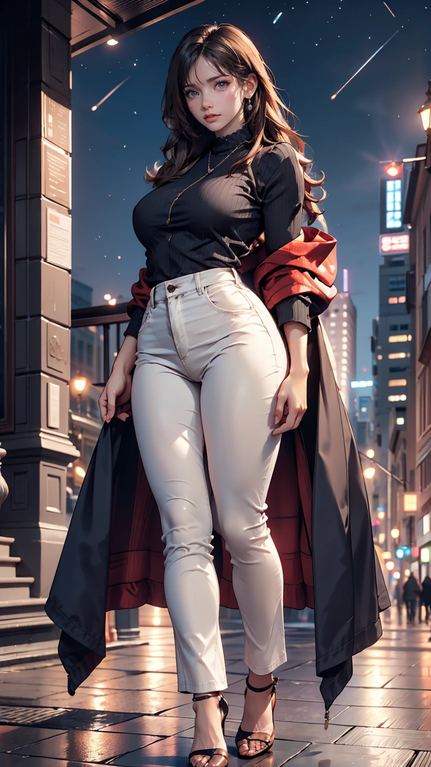 masterpiece, Beautiful urban female model, Full body white transparent clothing standing under the stars at night in the sky, Disappearing Transparent Pants, Full body standing, Tall figures, Thin legs, Facial details, Body parts details, 8k wallpaper、Sexy proportions、Sexy expression、Skyscraper background