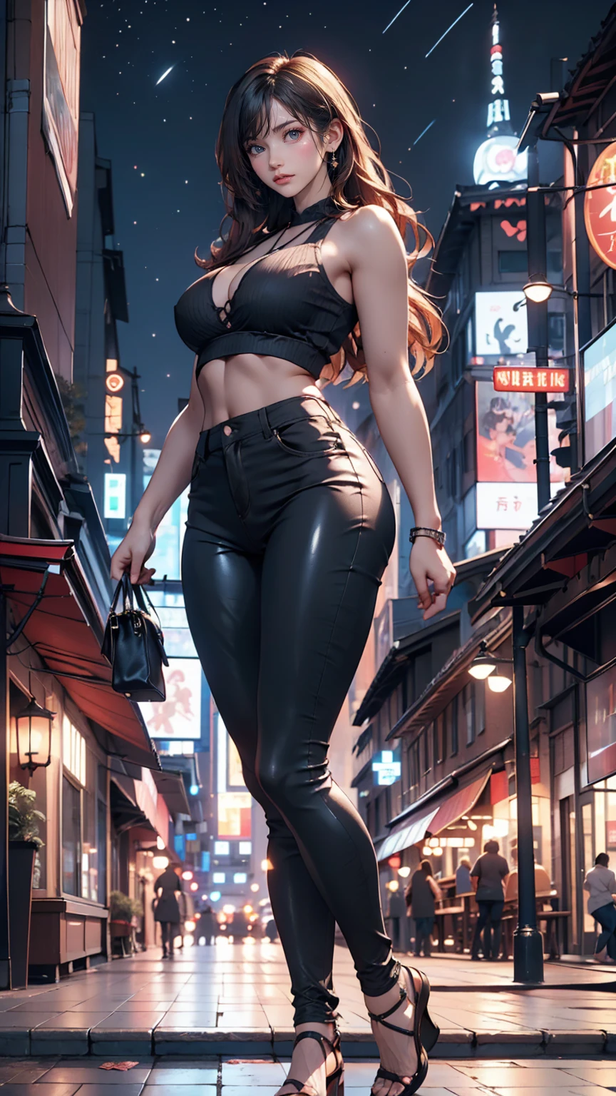 masterpiece, Beautiful urban female model, Full body white transparent clothing standing under the stars at night in the sky, Disappearing Transparent Pants, Full body standing, Tall figures, Thin legs, Facial details, Body parts details, 8k wallpaper、Sexy proportions、Sexy expression、Skyscraper background