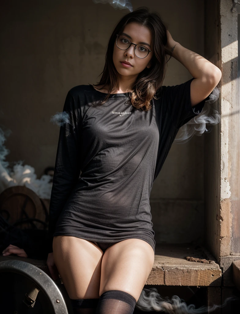 There is a woman with glasses and a black shirt, that holds her hair, from smoke behind, infp young woman, androgyne Person, with smoke, portrait image, Atmospheric portrait, mid shot portrait, high quality portrait, young woman in her 20s, from dark smoke, Smoke comes out of her mouth, Girl with round glasses