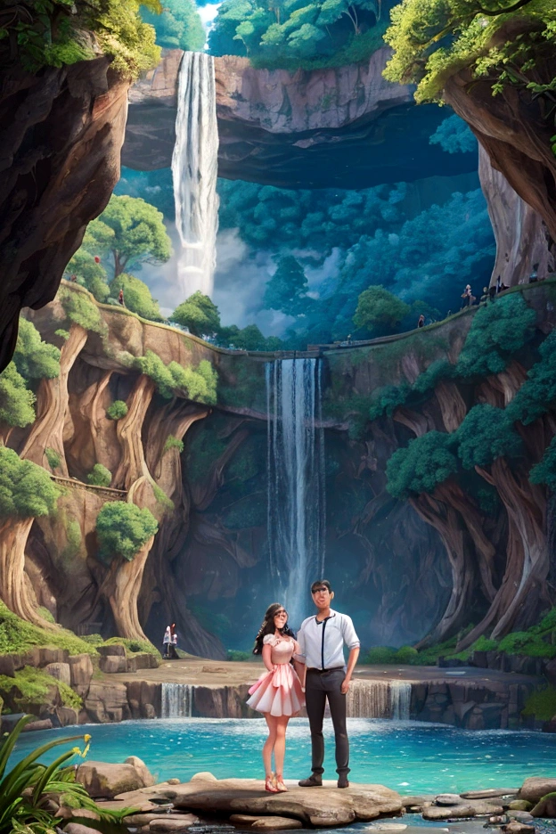 There is a man and a woman taking a selfie in front of a waterfall,  waterfalls in the background, standing in front of a waterfall,  beautiful scenery, with trees and waterfalls, in a cave with the waterfall, 🤬 🤮 💕 🎀