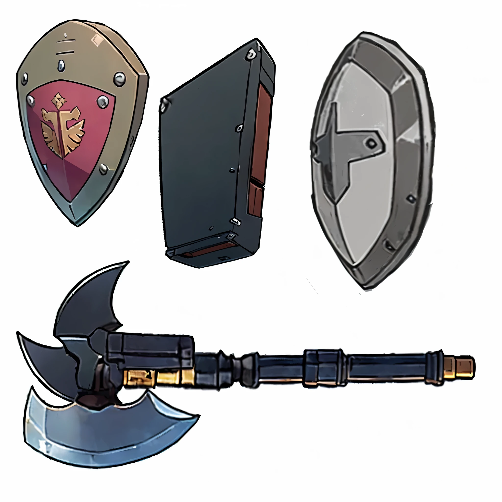 Close-up of a weapon with a shield and a visor, weapons concept art, RPG Game Items, weaponsコンセプトデザイン, Weapon concept art, rpg game inventory item, Weapon design, Fantasy RPG Weapon Art, holding weapon and shield, makeshift weapons, object concept art, RPG Items, Mace and Shield, weapons, RPG illustration, Hearthstone weapon art, videogame asset