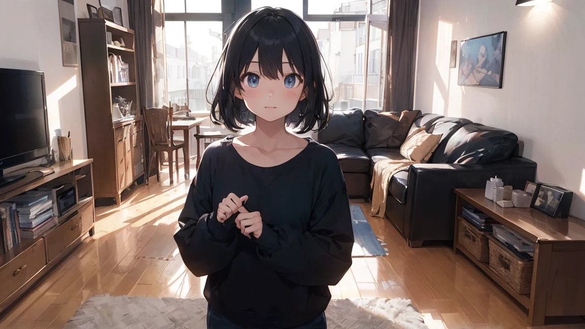 (masterpiece:1.3)、(Highest quality:1.3)、 (Perfect hands:1.2)、(Perfect Anatomy:1.2)、Highly detailed CG、night、Living room at home、A cute girl with black hair and dark blue eyes in casual clothes、The girl is standing and facing forward、There is no one but the girl、Hands down