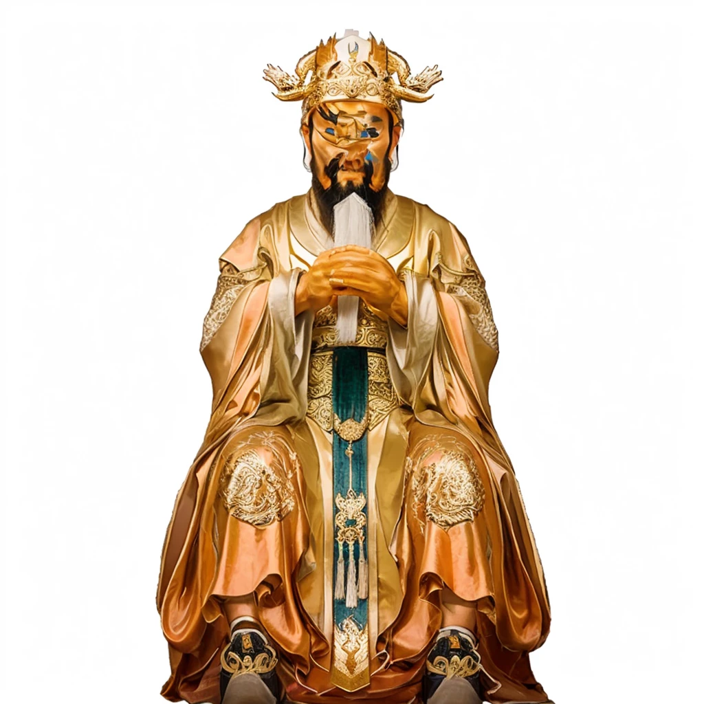 ancient chinese man with beard, emperor robe, holding a white arrow shape plate, dragon headdress, dragon patterns on robe