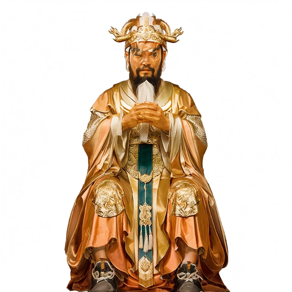 ancient chinese man with beard, emperor robe, holding a white arrow shape plate, dragon headdress, dragon patterns on robe