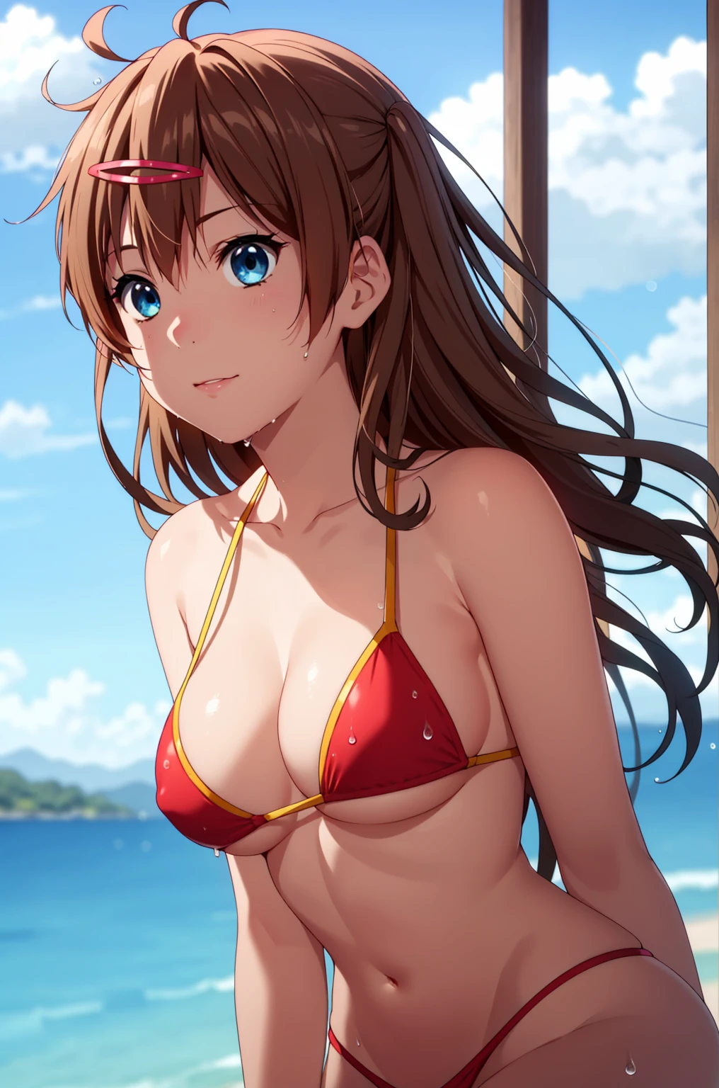 ((masterpiece, Highest quality, High resolution, uhd, Pixel perfect, Depth of written boundary, 4K, RTX, HDR)), 1 Girl, single, alone, 24-years-old, Beautiful Anime Girls, Beautiful art style, anime character, ((Parted bangs, Brown Hair)), (blue eyes、Round eyes, Delicate eyelashes、Beautiful eyelashes, Perfect Eyes), (Detailed face:1.2), (Smooth texture:0.75, Realistic texture:0.65, Realistic:1.2, Cinematic, Anime CG Style), Perfect body, Ocean:1.3、Moderately good breasts:1.7、Red Micro Bikini Swimsuit:1.8、Visible from the thighs:1.9、Wet、Water Drop、Splash、nsfw、visible from below、