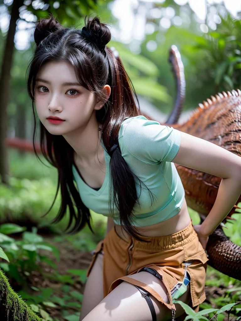 Chica linda como wang yiren, in jurassic park jurassic park with a little dinosaur.