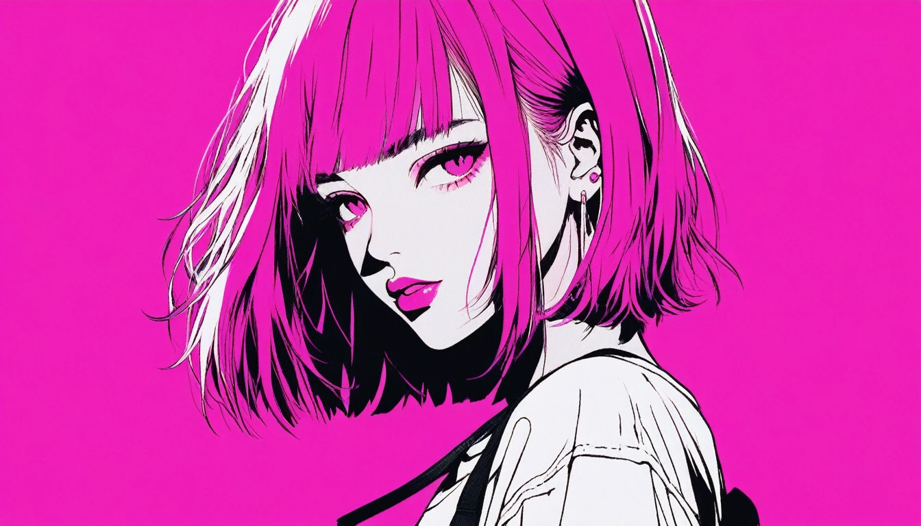 Illustrator, anime , Realistic ,sketch , 1 Girl, ,lip, T-shirt,order,Textured Trim, (masterpiece,Highest quality) Urban Neon Background, Neon Hair,Textured Trim, Canadian, (masterpiece,Highest quality) Cancer