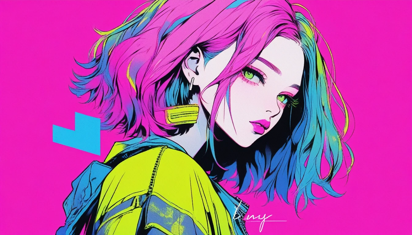 Illustrator, anime , Realistic ,sketch , 1 Girl, ,lip, T-shirt,order,Textured Trim, (masterpiece,Highest quality) Urban Neon Background, Neon Hair,Textured Trim, Canadian, (masterpiece,Highest quality) Cancer