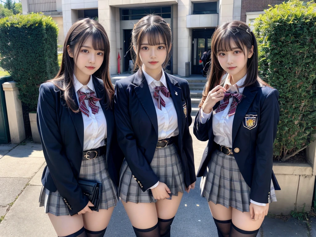 (8K, Raw photography, top-quality, masterpiece:1.2), master piece, best quality, illustration, Super detailed, fine details, High resolution, 8K,wall paper, perfect dynamic composition,(Details High quality, realistic depiction of eyes:1.3), ((2 girls, 2 schoolgirls)), The background is a luxury hotel room、High school girl uniform、blazer 、Super Short Check Uniform Skirt、Navy blue high socks、garterbelts、Colossal tits、Disturbed uniform, Play with each other,Touching each other's bodies,Touching the body of the girl next door, short bob hair, black hair color, huge breasts, Big Natural Color Lip, bold sexy pose, (perfect body shape), crying a little、cold gaze, Beautiful makeup,glitter makeup,Cutest 18 years old, beautiful legs, hposing Gravure Idol, Voluptuous thighs